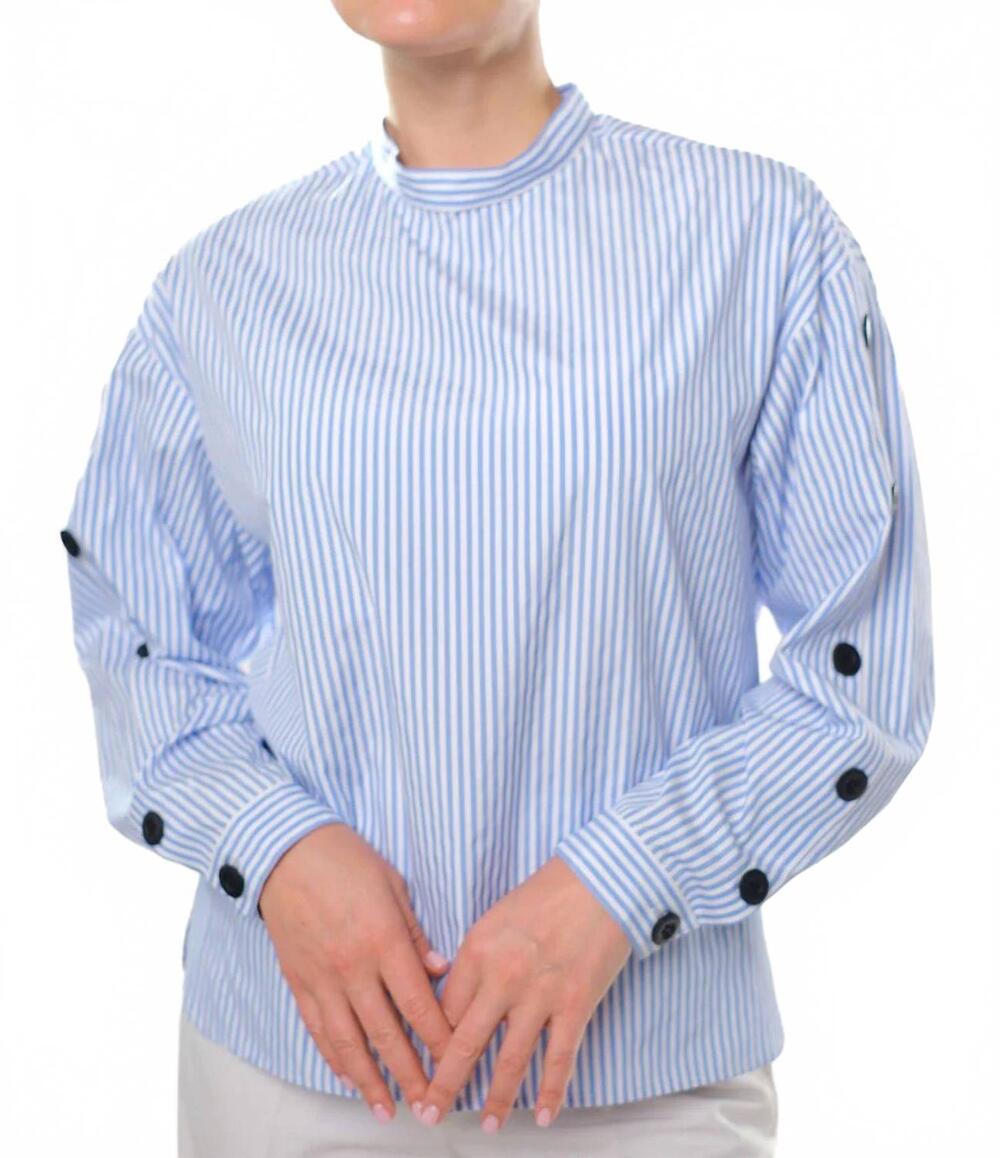 NEW MIGNON DOO funnel neck striped blouse in white light blue